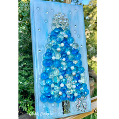 Blue Christmas Tree Cabochon Glass Tree Art Glass Resin Art Handcrafted Custom 6”x12”Wood Panel