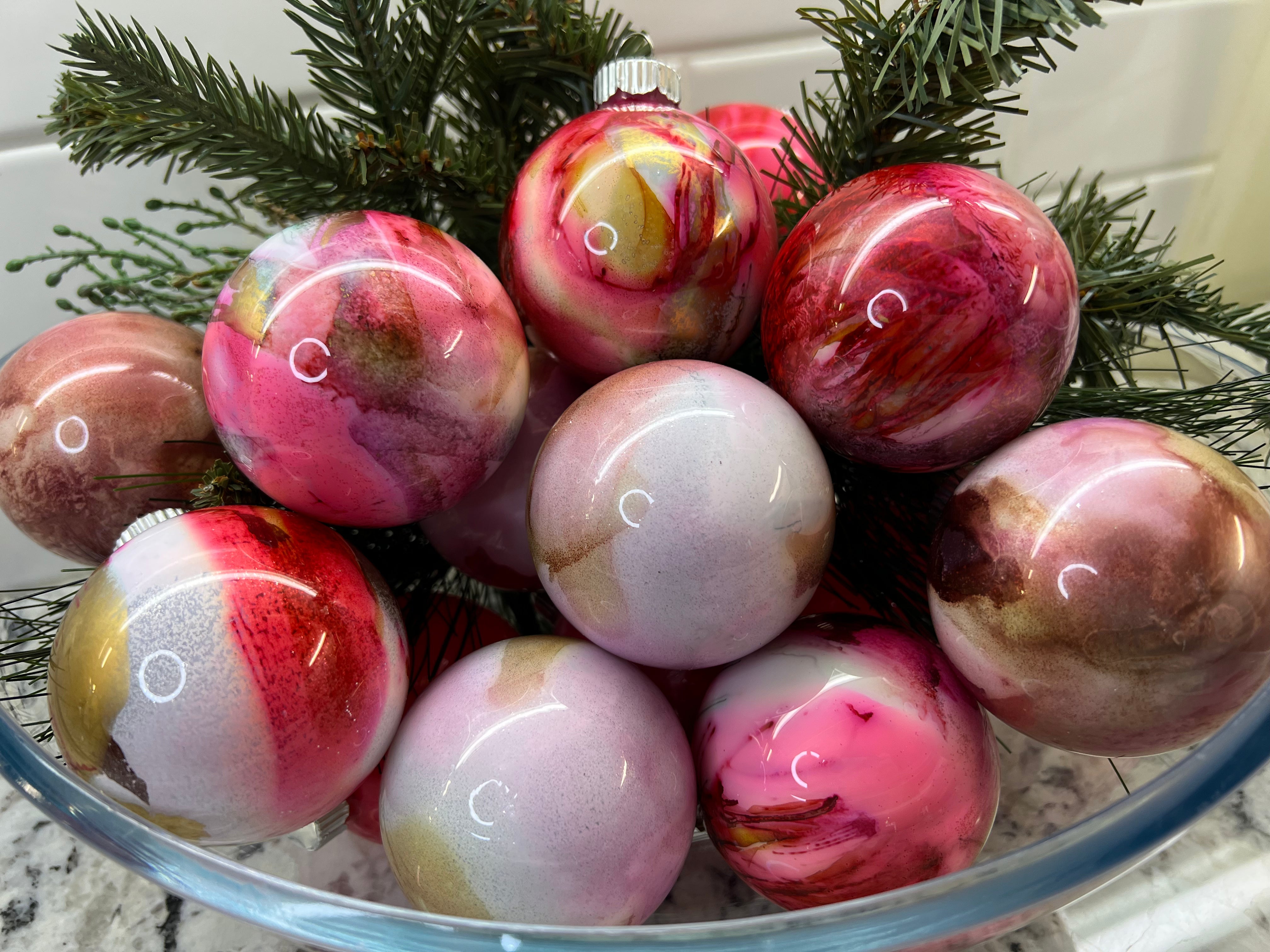 Pink Ornaments Glass Ball Christmas Ornaments with Pink Paint & Alcohol Inks Handcrafted Pink Christmas Ornaments